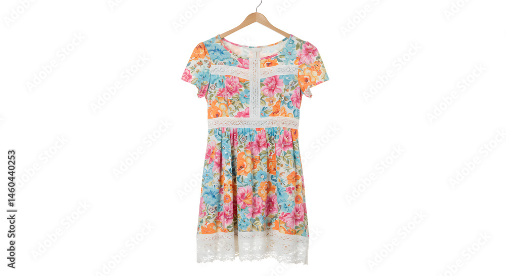 Obraz premium A vibrant floral dress hanging on a wooden hanger against a plain background, showcasing its colorful design and texture