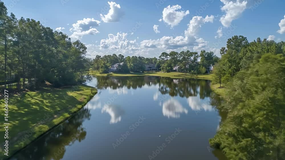 Tranquil Lake Reflecting Blue Sky and Clouds Framed by Lush Green Trees on a Sunny Day Tranquil Lake Reflecting Blue Sky and Clouds Framed by Lush Green Trees on a Sunny Day