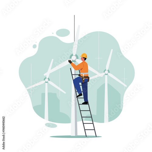 Wind Turbine Maintenance Worker Climbing Ladder Repairing Renewable Energy Equipment in Wind Farm Vector Illustration 