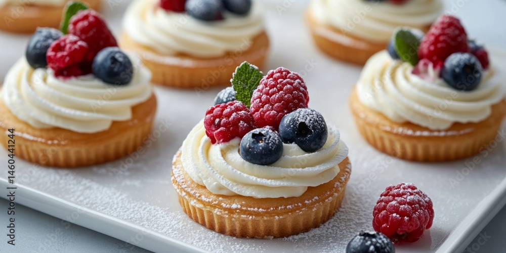 Delightful cupcakes topped with fresh berries and whipped cream served on a white platter Delightful cupcakes topped with fresh berries and whipped cream served on a white platter