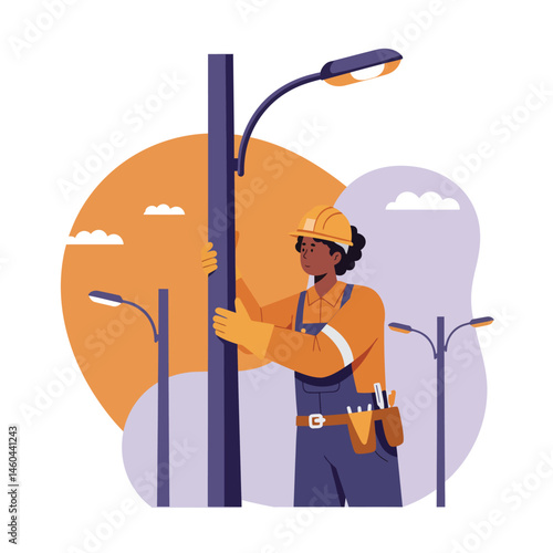 Electrical worker installing street light pole with tools in urban environment vector illustration 