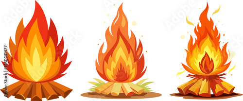Three cartoon illustrations of campfires with bright orange and yellow flames burning on piles of logs.