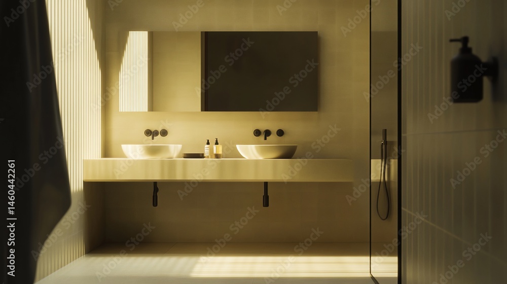 Modern bathroom design with two sinks, large mirror, and warm light from window Modern bathroom design with two sinks, large mirror, and warm light from window