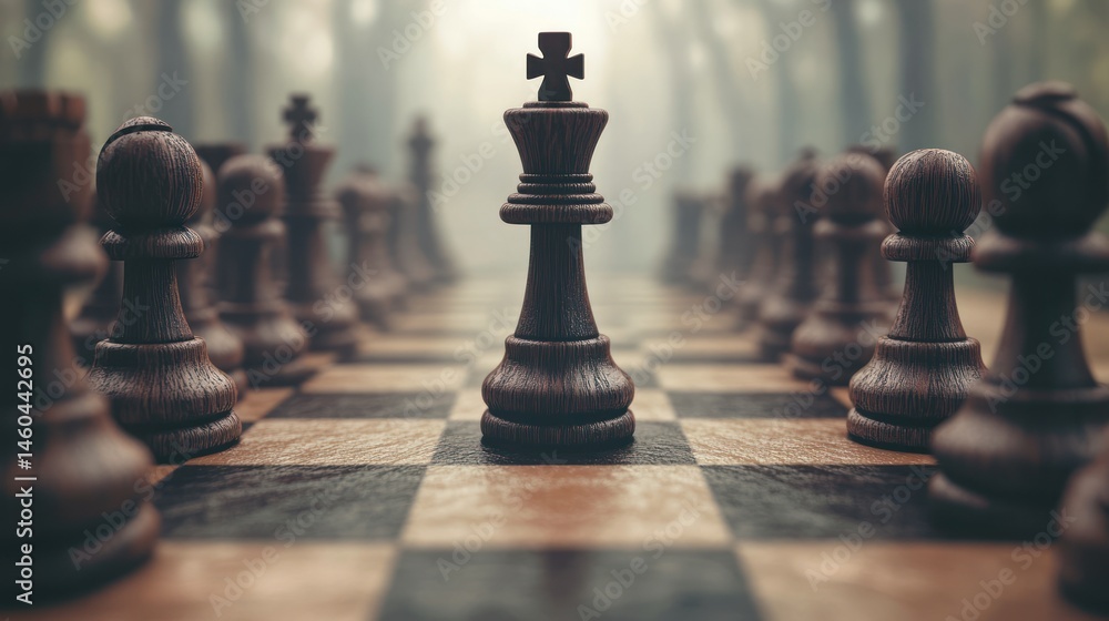 Strategic chessboard arrangement showcasing the king piece in a focused composition Strategic chessboard arrangement showcasing the king piece in a focused composition