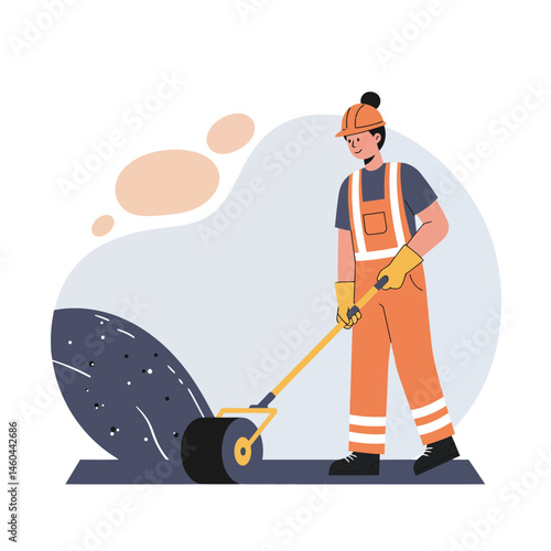 Construction worker using roller compactor for road paving safety equipment vector illustration 