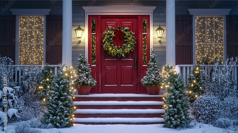 Fototapeta premium A charming home featuring a red wooden door decorated with a lush Christmas wreath, flanked by potted evergreens wrapped in string lights, with light snow on the steps for a festive feel 
