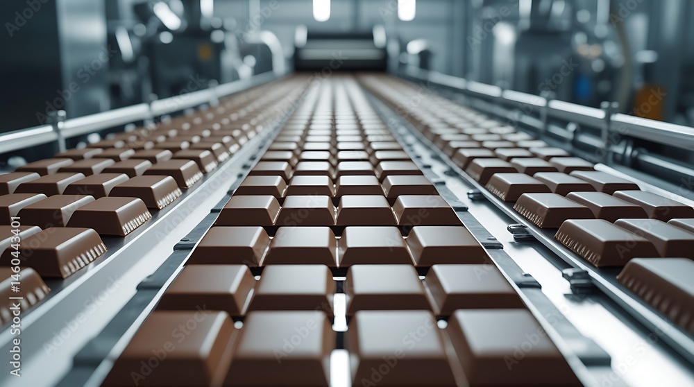 Obraz premium Chocolate bar production line inside a confectionery factory with efficient machinery, showcasing delicious treats being processed in a clean, high-tech food industry facility