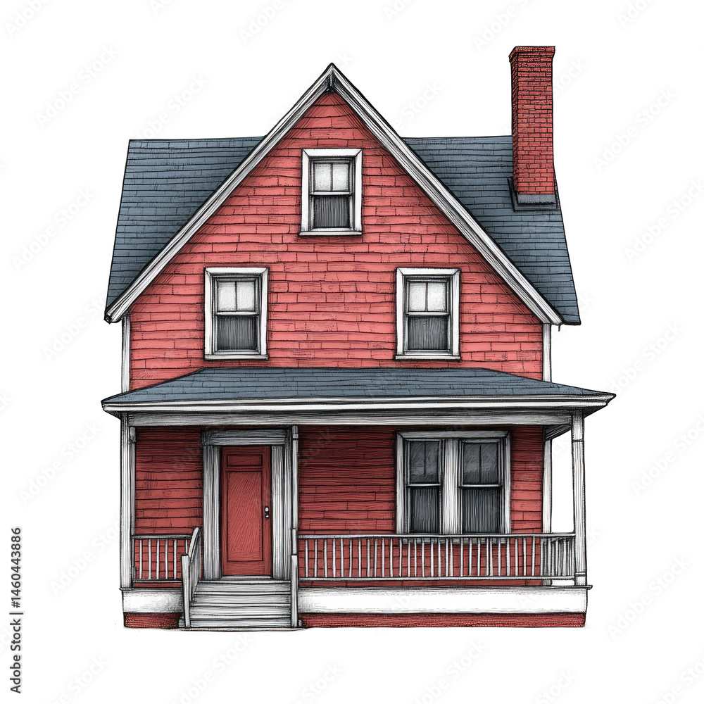 Illustration of a two story red house with a porch and gray roof tiles Illustration of a two story red house with a porch and gray roof tiles