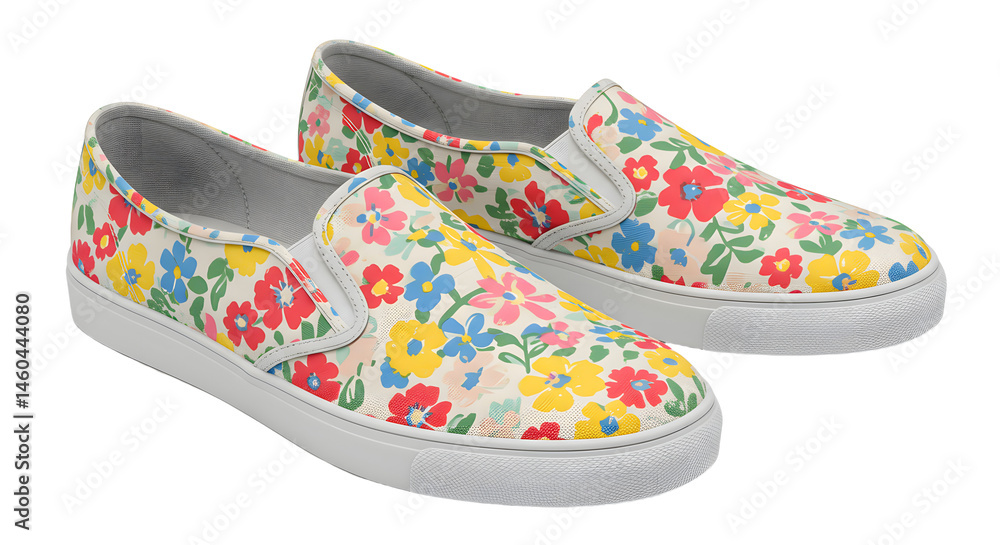 Obraz premium Colorful floral slip-on shoes displayed against a white background, perfect for casual wear in spring or summer