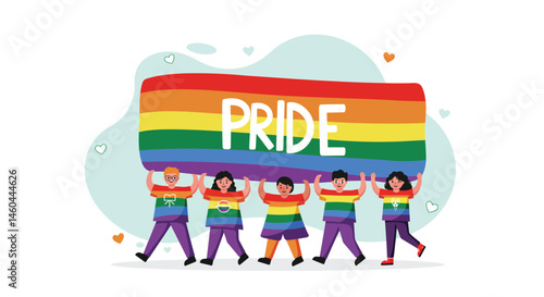 Diverse group holding rainbow pride flag with word pride celebrating LGBTQ+ community and unity vector illustration 
