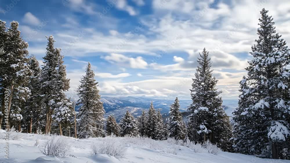 Snowy Forest with Evergreen Trees against Cloudy Sky Serene Winter Landscape Snowy Forest with Evergreen Trees against Cloudy Sky Serene Winter Landscape