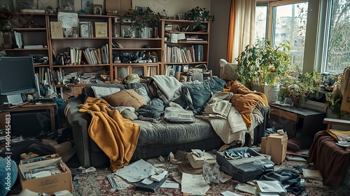 A cluttered living room with a dirty couch, random items thrown haphazardly on the floor, and an overall sense of chaos and disarray, evoking the challenges of maintaining a tidy space 