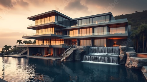 Professional photograph of a modern billionaire’s mansion with cantilevered design, glass facades, and a waterfall. Strong moody style, low contrast, warm tones, soft contrast, soft saturation
