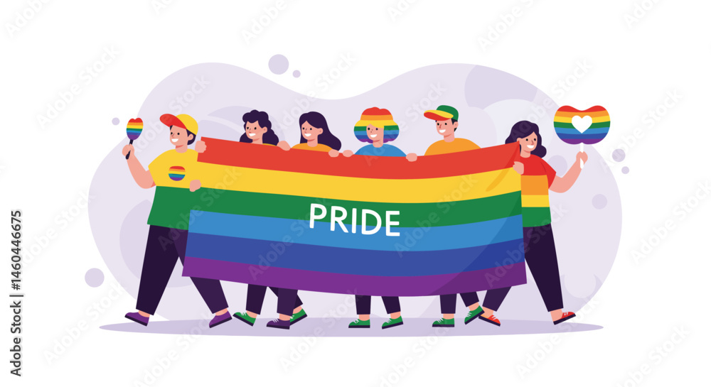 Fototapeta premium Diverse group celebrating pride with rainbow flag and colorful attire in inclusive parade illustration 