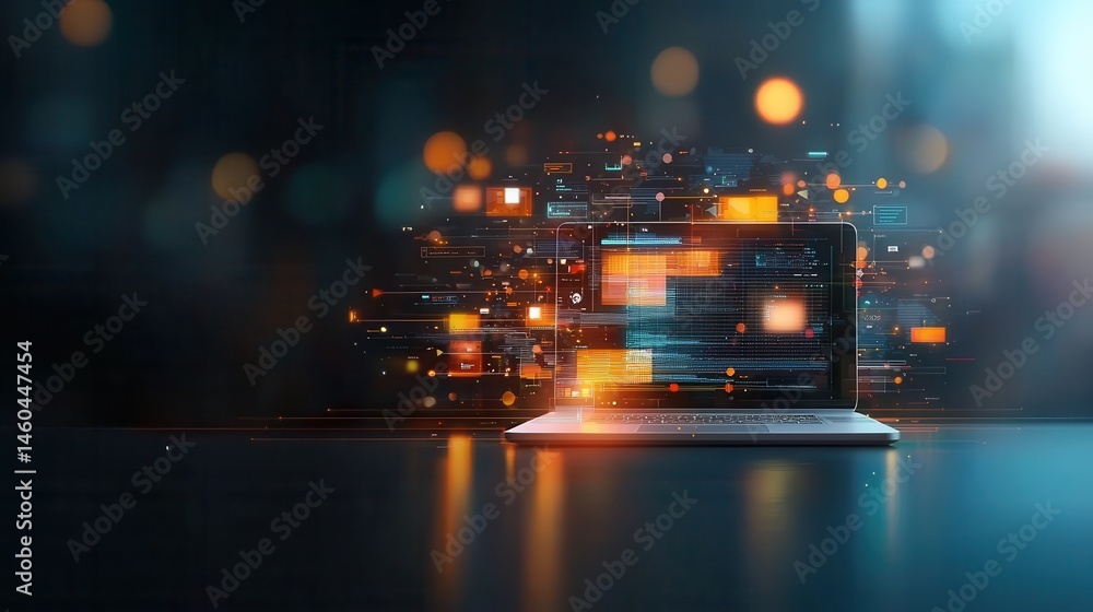 Obraz premium Digital data flow visualization online workspace infographic modern environment close-up technology concept