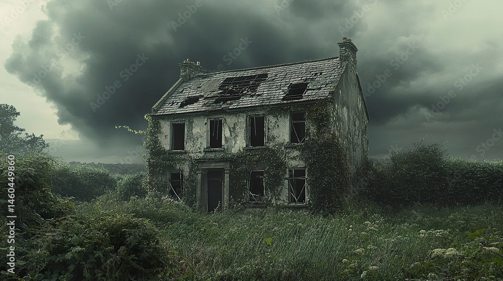Obraz premium A desolate house with shattered windows and peeling paint, surrounded by overgrown vegetation, with ominous dark clouds overhead, evoking a sense of mystery and decay 