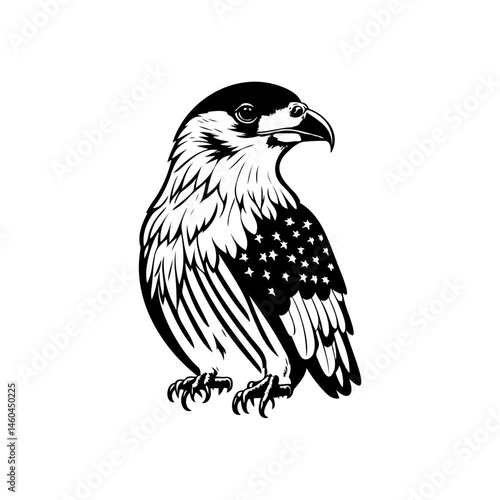 Monochrome illustration of a perched peregrine falcon with stylized feathers