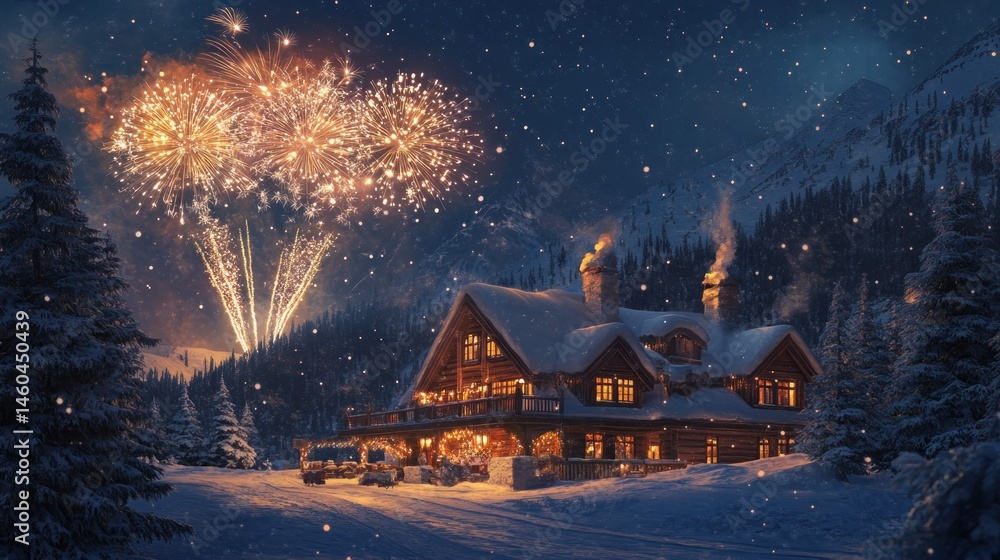 Winter wonderland, Cozy cabin beneath fireworks and twinkling stars Winter wonderland, Cozy cabin beneath fireworks and twinkling stars