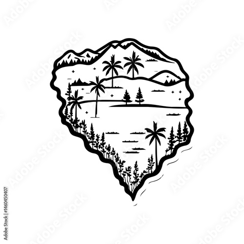 Monochrome tropical island illustration with palm trees, mountains, and serene waters