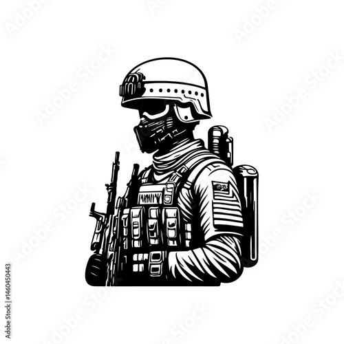 Monochrome depiction of a soldier with full combat gear against white backdrop