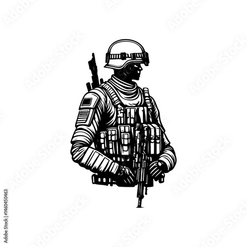 Monochrome depiction of an armed military soldier prepared for combat