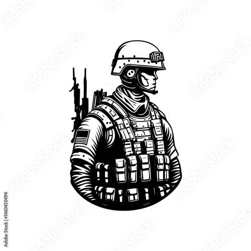 Monochrome illustration of a heavily equipped soldier standing at attention