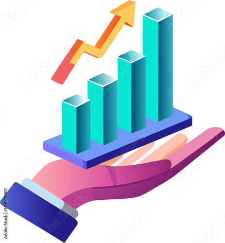 A stylized hand is presenting a bar graph with an upward trending arrow, indicating growth or progress.