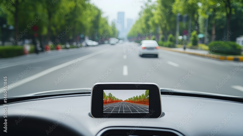 Urban street view displayed on a car's rearview camera. Urban street view displayed on a car's rearview camera.