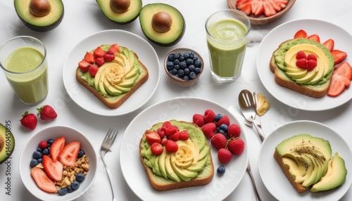 Wallpaper Mural Healthy breakfast featuring avocado toast, smoothies, and fresh berries Torontodigital.ca