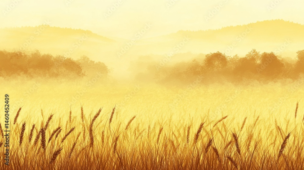 Fototapeta premium Golden Wheat Field in Misty Sunrise yellow gradient background
