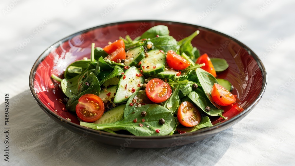 Green salad with tomatoes and cucumbers in dark bowl on white surface Green salad with tomatoes and cucumbers in dark bowl on white surface