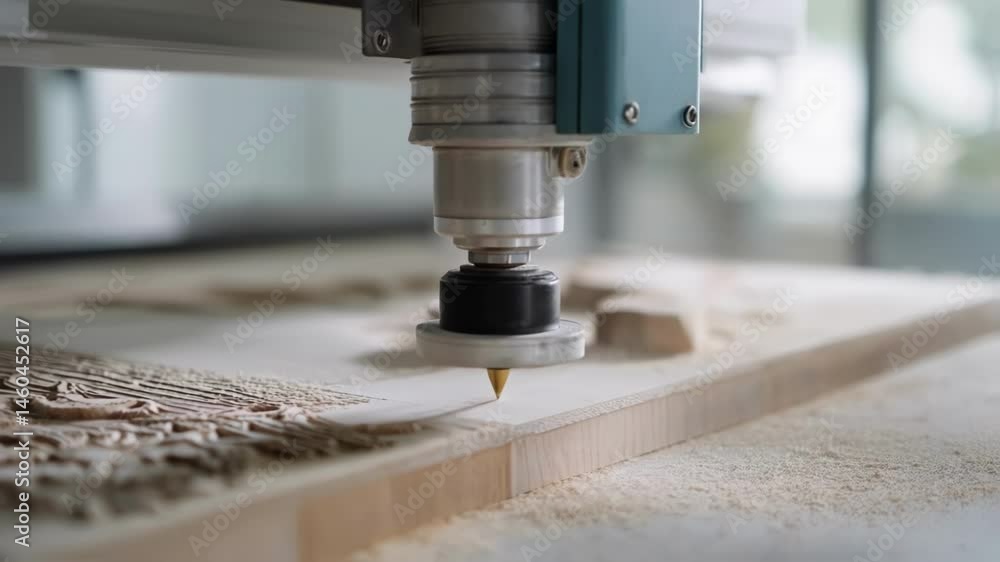A CNC router working on an intricately designed wooden panel showcasing fine details being carved into the surface. A CNC router working on an intricately designed wooden panel showcasing fine details being carved into the surface.