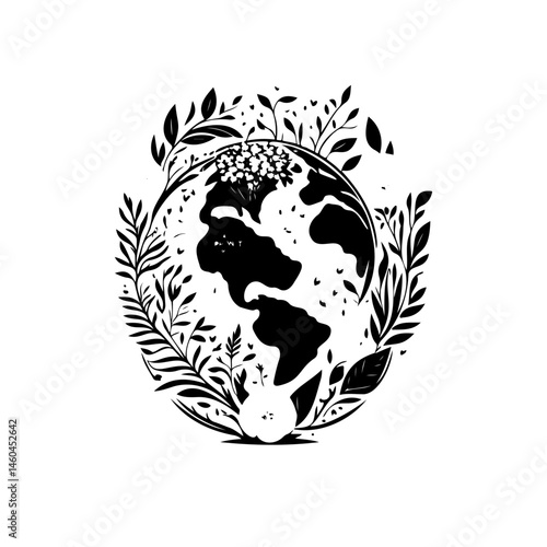Stylized monochrome illustration of the earth globe adorned with floral elements