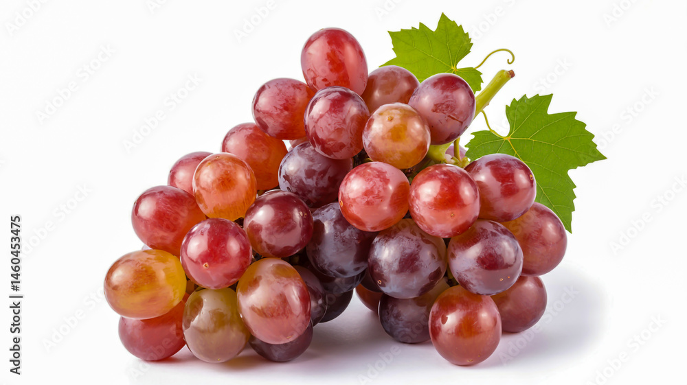 A close-up photograph of fresh red grapes on a pure white background