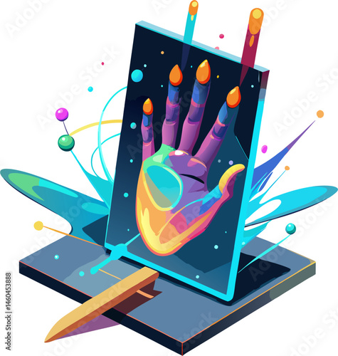 A vibrant, stylized handprint in rainbow hues is displayed on a dark screen, surrounded by abstract colorful elements and light streaks, suggesting digital art or interactive technology.