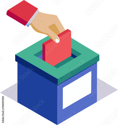 A hand in a red sleeve inserts a red ballot into a teal and blue ballot box with a white label. Voting process.