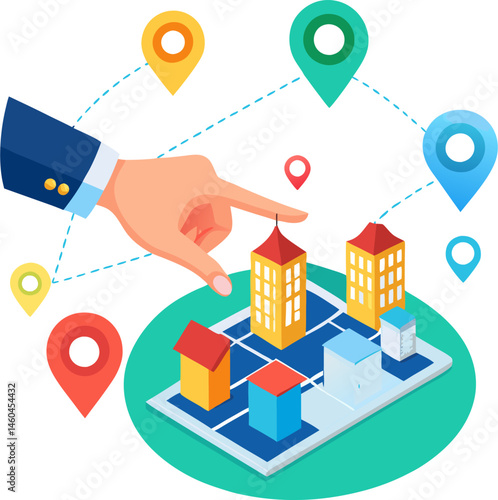 A hand in a blue suit sleeve points to a 3D model city grid with colorful buildings, surrounded by various map location pins connected by dotted lines.