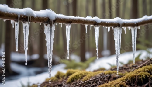 Icicles hanging from a branch in a snowy forest.  Close-up of frozen water formations