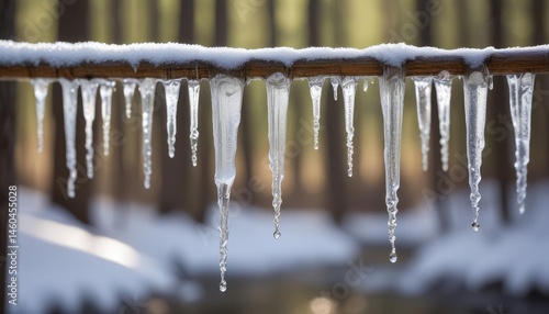 Icicles hanging from a wooden beam covered in snow.  A winter scene