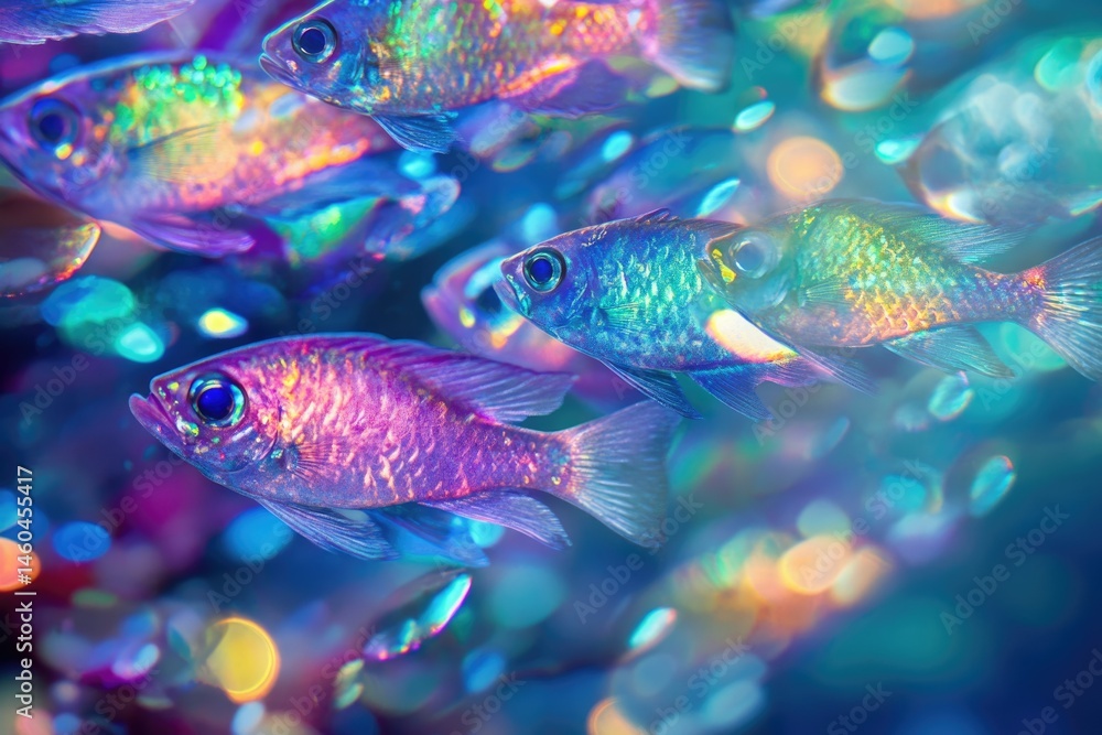 Vibrant, iridescent fish swim in a mesmerizing underwater scene, their scales shimmering with rainbow colors. Vibrant, iridescent fish swim in a mesmerizing underwater scene, their scales shimmering with rainbow colors.