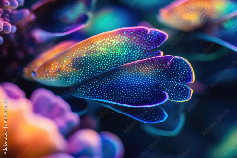Obraz premium Vibrant iridescent fish with speckled scales, swimming near coral.