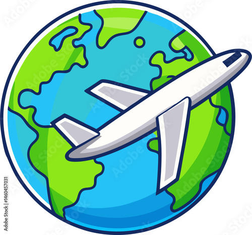 A white airplane flies diagonally across a globe with green continents and blue oceans.