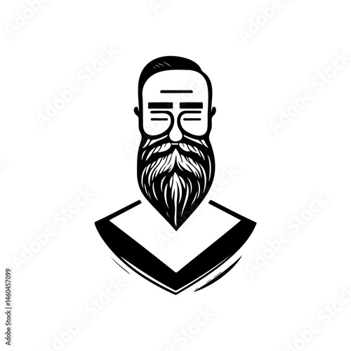 Stylized monochrome depiction of a bearded man with eyeglasses and geometric design
