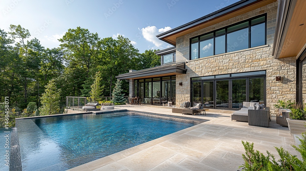 Fototapeta premium A new luxurious home featuring a modern exterior with a mix of stone and glass elements, complemented by an infinity pool and stylish outdoor seating, creating a perfect retreat 