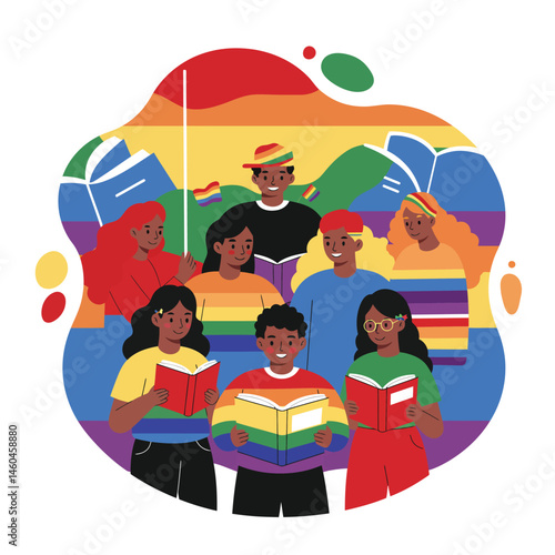 Group of diverse people reading books with rainbow pride flag background celebrating LGBTQ community and inclusiveness vector illustration 
