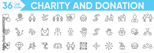 Charity and Donation icons set.Help, care, cooperation, hearts, Simple, blood collection, money charity, volunteer, donated, assistance, sharing and more.Vector and illustrator set.