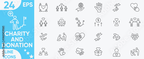 Charity and Donation icons set.Help, care, cooperation, hearts, Simple, blood collection, money charity, volunteer, donated, assistance, sharing and more.Vector and illustrator set.