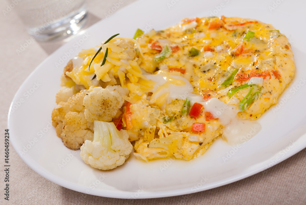 Tasty omelet with vegetables served with baked cauliflower and delicate cheese sauce.. Tasty omelet with vegetables served with baked cauliflower and delicate cheese sauce..