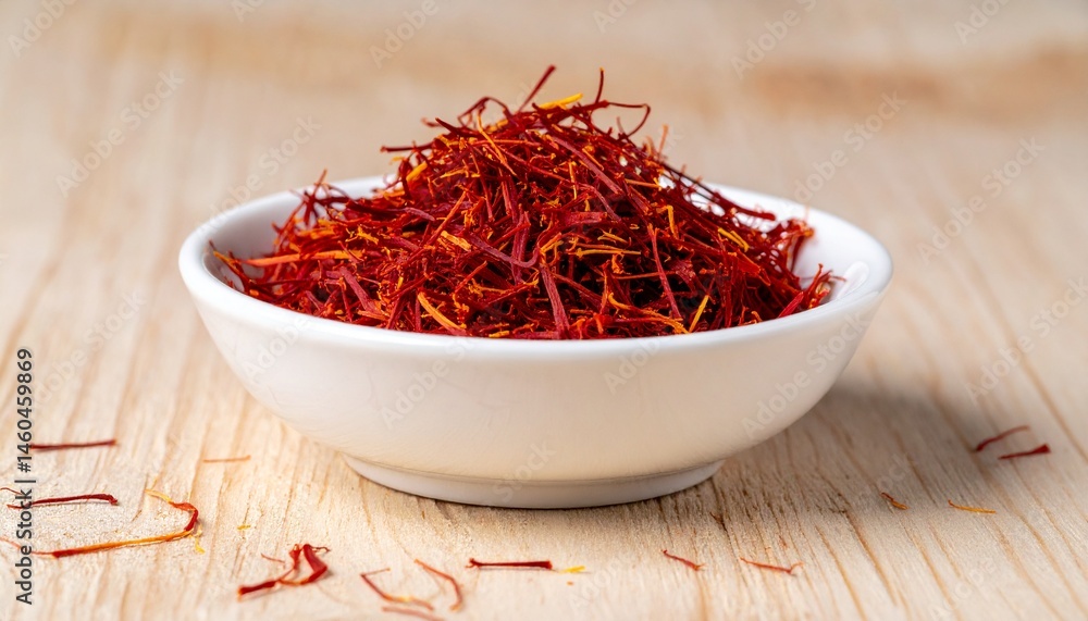 Fototapeta premium Aromatic Saffron Spice in White Bowl on Wooden Table High quality image of culinary ingredient