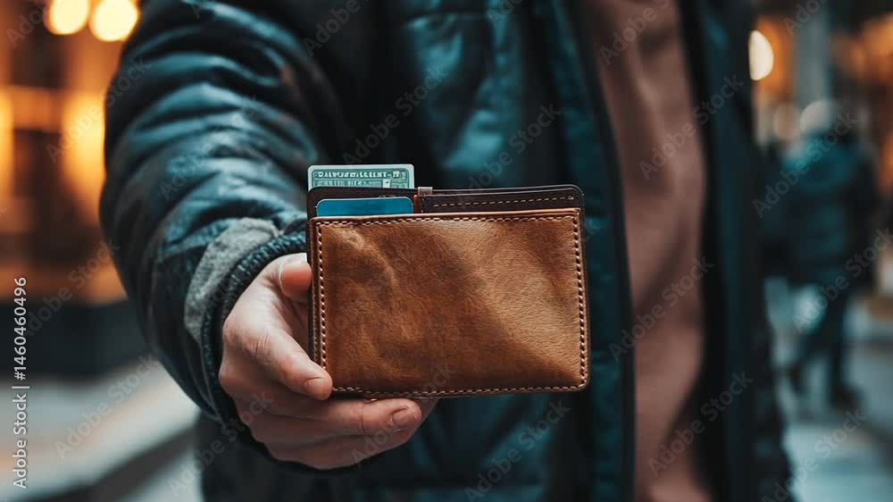 Close-up of a man holding a leather wallet filled with cards and cash on a city street Close-up of a man holding a leather wallet filled with cards and cash on a city street
